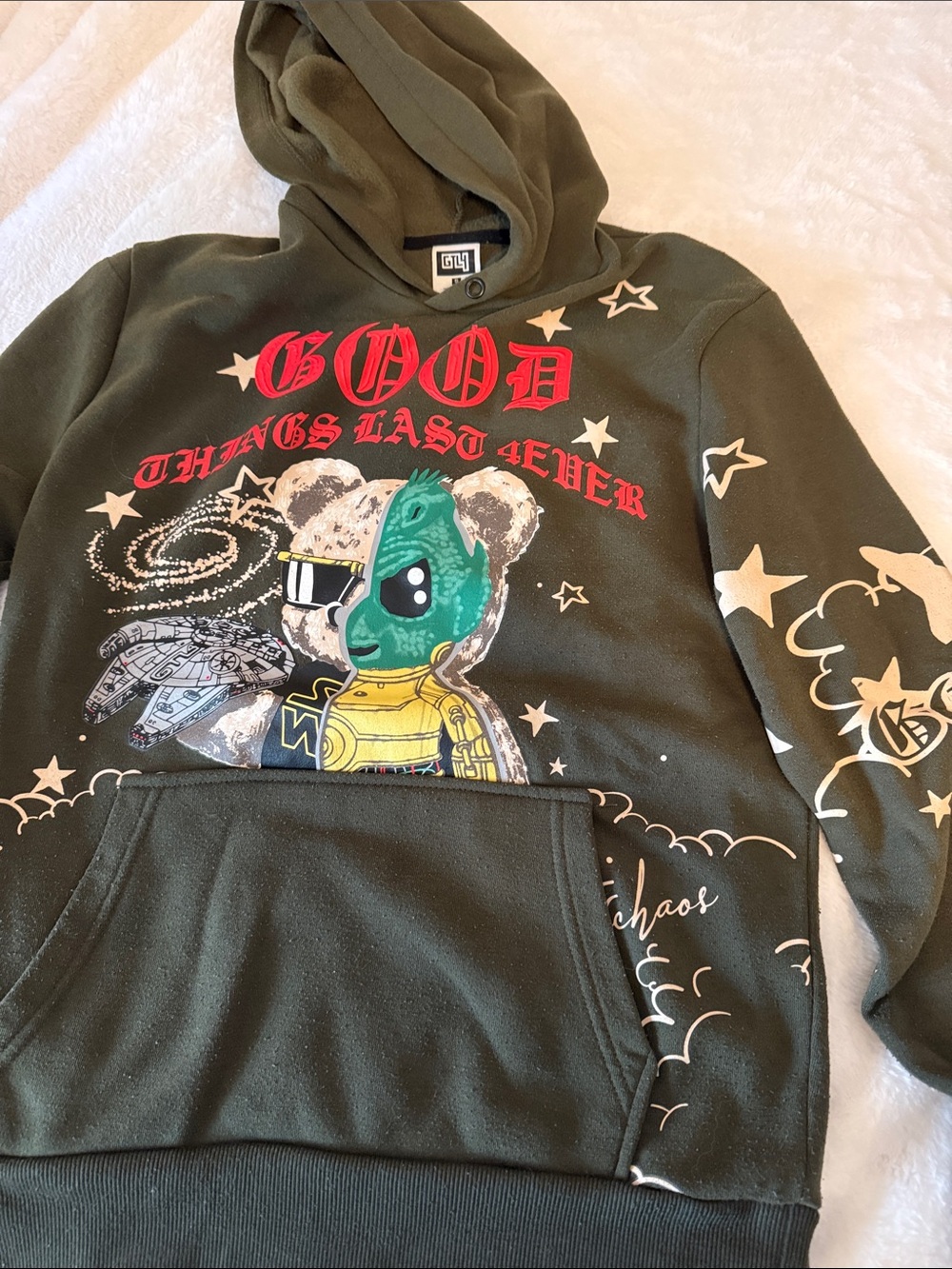 Olive Graphic Hoodie Sweatshirt with Space Bear Print